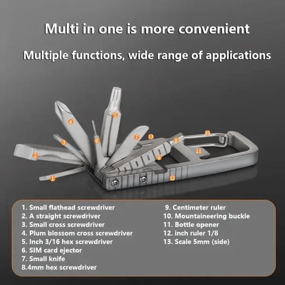 (YYL-Design)-- 13 In 1 Multi-function Gadgets Stainless Steel Combination Tools, Mobile Phone Holder, Folding Outdoor, Bottle Opener, Screwdriver, Hiking Buckle, Knife**-- tg/'/