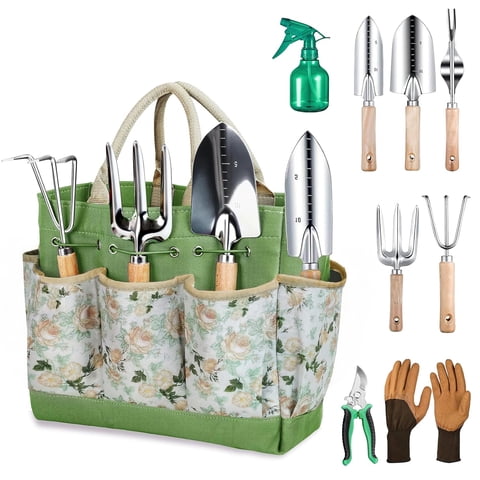 Garden Tools Set, 9 Pieces Heavy Duty Kit with Storage Bag - Rust-Proof Stainless Steel Gardening Tools, Non-Slip Ergonomic Handle, Ideal Gift for Women, Men & Gardeners