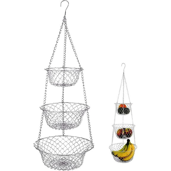 YYTONG 3-Tier Hanging Basket Metal Chicken Wire Storage Basket, Rustic Design, Set of 3