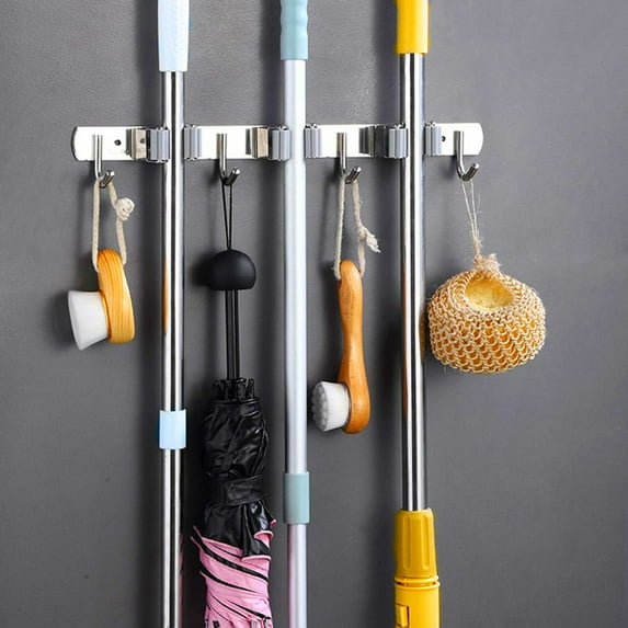YYTONG Wall Mounted Broom Holder Stainless Steel, 3 Racks 4 Hooks