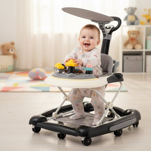 YYUAN 5-in-1 Baby Walker for Boys and Girls, Adjustable Infant Walkers with Wheels, Black