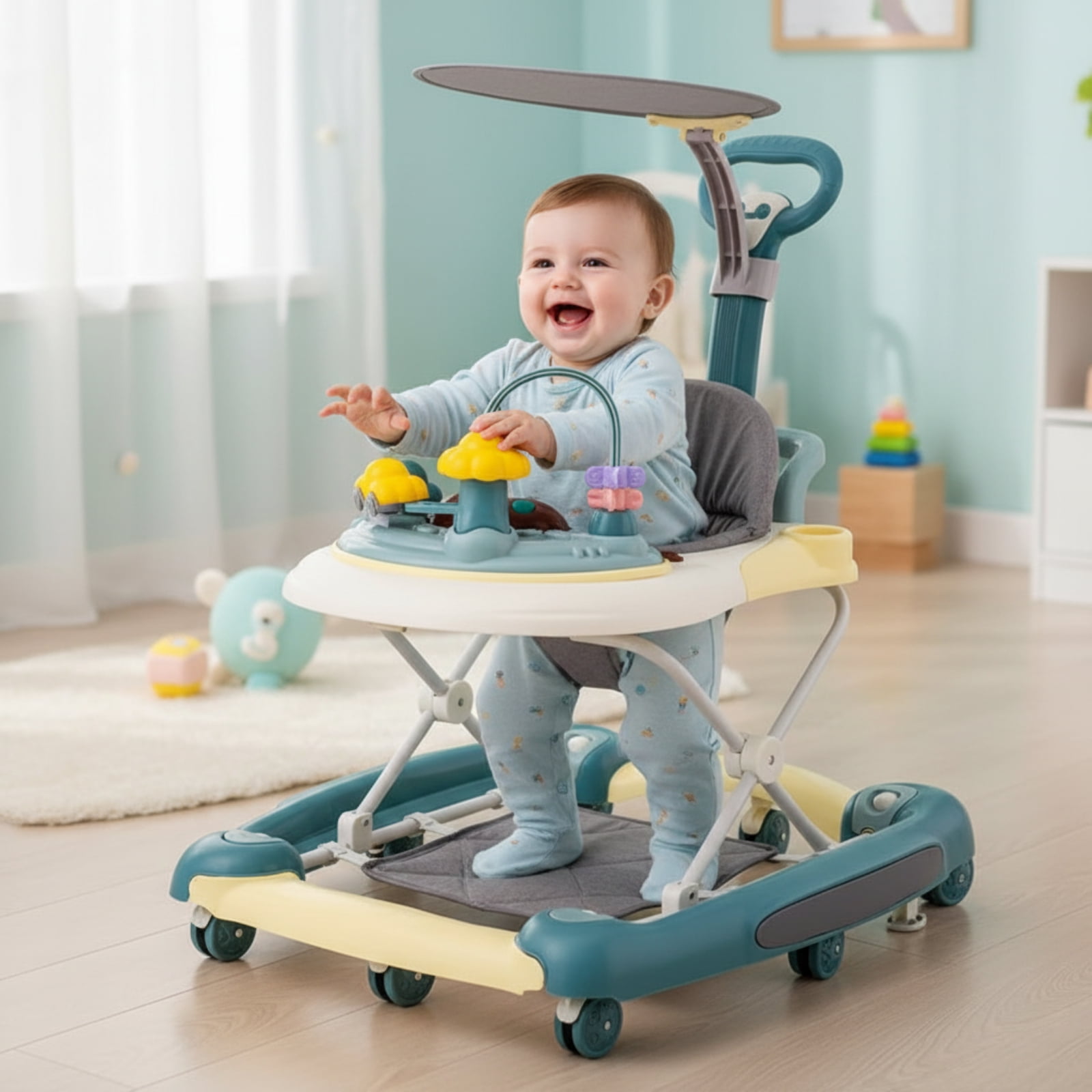 YYUAN 5-in-1 Baby Walker for Boys and Girls, Adjustable Infant Walkers with Wheels, Green