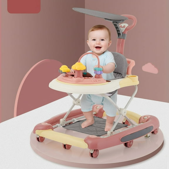 YYUAN 5-in-1 Baby Walker for Boys and Girls, Adjustable Infant Walkers with Wheels, Pink