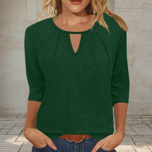 YYUIJK 3/4 Length Sleeve Womens Tops Round Neck Casual Tunic Tops Basic Pleated Shirts Loose Fit 2025 Army Green S