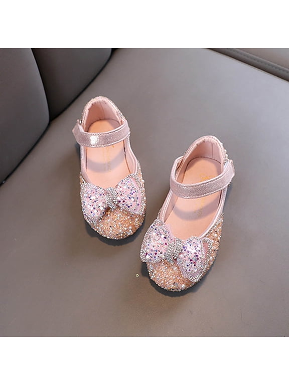 Girl Glitter Princess Flat Shoes Mary Jane Ballet Dress Shoes Kids Bling Bowknot Crown Birthday Party Shoes Bright Diamond Cosplay Dance Shoes for Little Girls Toddlers Pink 4 Years