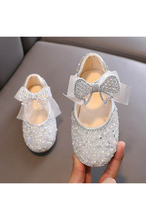 Girls Party Wedding Shoes Mary Jane Ballet Dress Flat with Bow for 2-7 Years Toddlers Kids Silver 7 Years