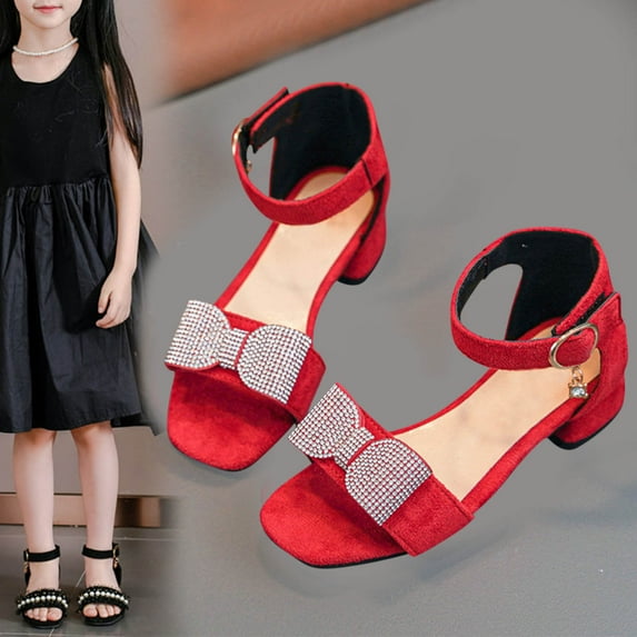 YYUIJK Girls Sandals Party Shoes Low Heels Open Toe Princess Sandal Ankle Strap Dress Up Glitter Wedding Shoe for Little Big Kid Summer Red 4 Years