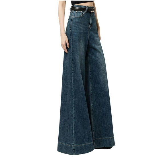 YYUIJK High Elastic Waisted Baggy Wide Leg Pull On Jeans with Pockets Tummy Control Straight Leg Casual Loose Stretchy Curve Plazzo Denim Pants Blue M