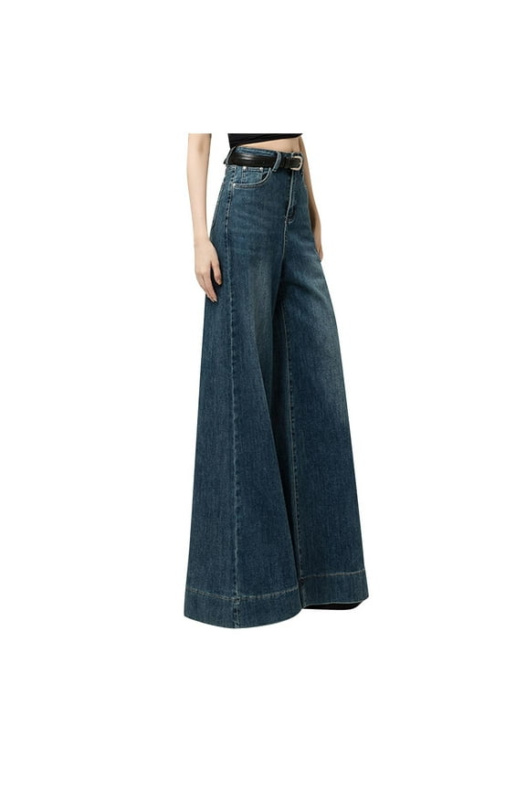 High Elastic Waisted Baggy Wide Leg Pull On Jeans with Pockets Tummy Control Straight Leg Casual Loose Stretchy Curve Plazzo Denim Pants Blue M