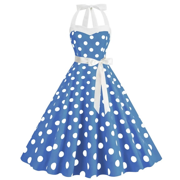 YYUIJK Vintage Women 1950s Rockabilly Swing Dress Pinup 50s Retro Hepburn Style Halterneck A-Line Dresses Light Blue L