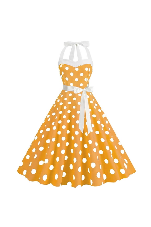 Vintage Women 1950s Rockabilly Swing Dress Pinup 50s Retro Hepburn Style Halterneck A-Line Dresses Yellow S