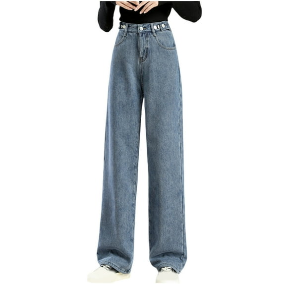 YYUIJK Women High Waist Baggy Denim Pants Wide Leg Straight Trousers Ripped Boyfriends Jeans Y2k Streetwear Vintage Loose Pants Blue L