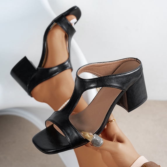 YYUIJK Women Sandals Ladies Mid Low Block Heel Open Toe Ankle Strap Strappy Party Sandals Black 6
