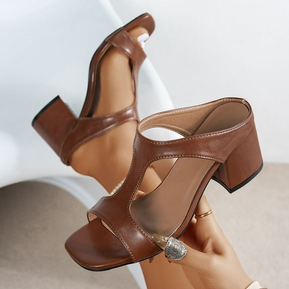 YYUIJK Women Sandals Ladies Mid Low Block Heel Open Toe Ankle Strap Strappy Party Sandals Brown 5.5