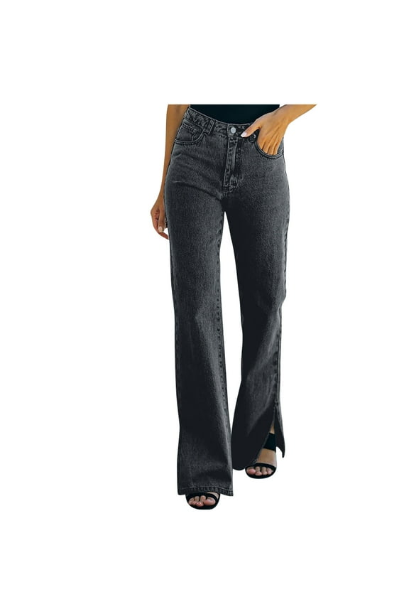 Women's Baggy Jeans Straight Leg Frayed Hem Wide Leg Stretchy Jeans Black XXL