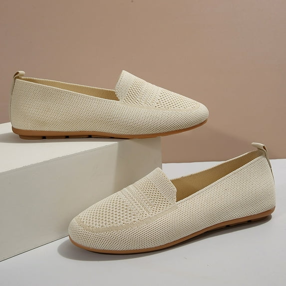 YYUIJK Women’s Ballet Flat Shoes Dress Shoes Knit Round Toe Slip On Ballerina Walking Flats Shoes for Woman Low Wedge Casual White 7