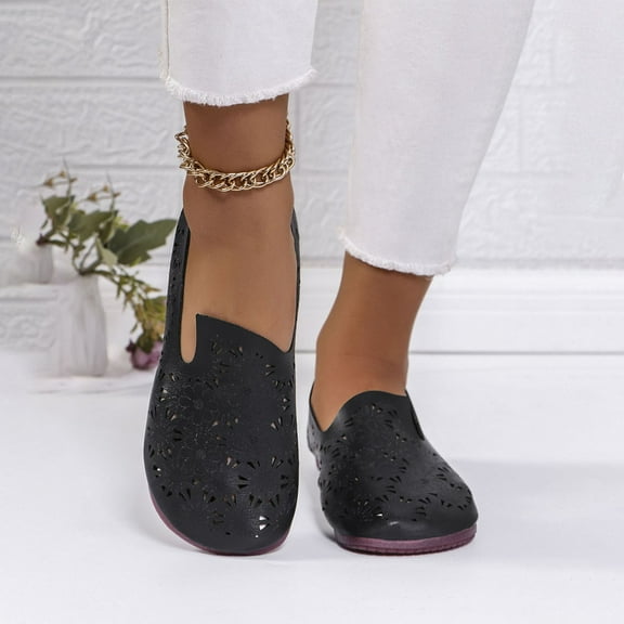 YYUIJK Women's Ballet Flats Black PU Leather Dress Shoes Comfortable Round Toe Slip on Flats with Breathable Eyelets Black 9