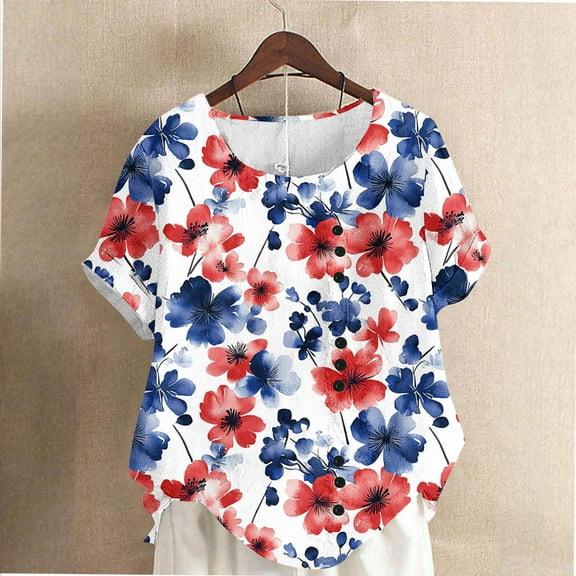 YYUIJK Women's Cotton Linen Shirts Summer Crew Neck Short Sleeve Shirt Independence Day Print Casual Loose Fit Beach Workout Tops 2025 Blue D S