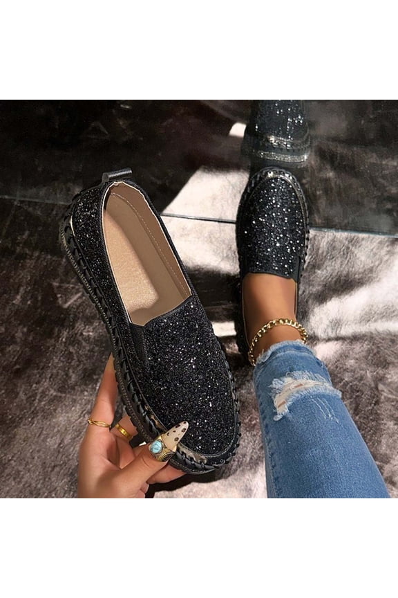 Women's Fashion Slip-On Sneaker Casual Flat Loafers Sequined Toe Shoes Sandals Black 9