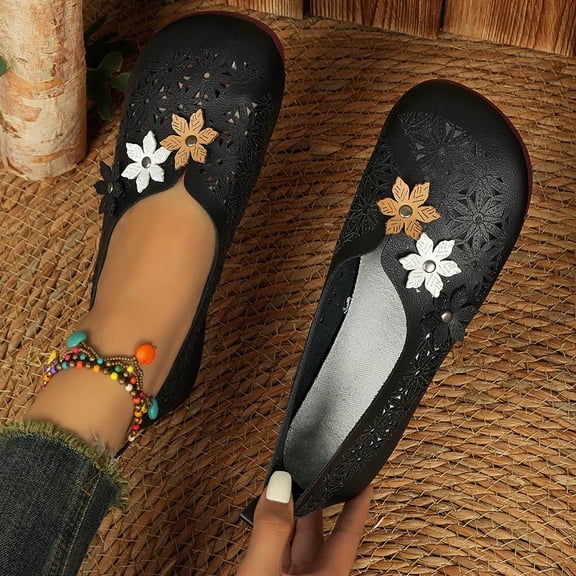 YYUIJK Women's Floral Ballet Flats for Women Black Beige Slip On Flowers PU Leather Round Toe Dress Shoes Black 8.5