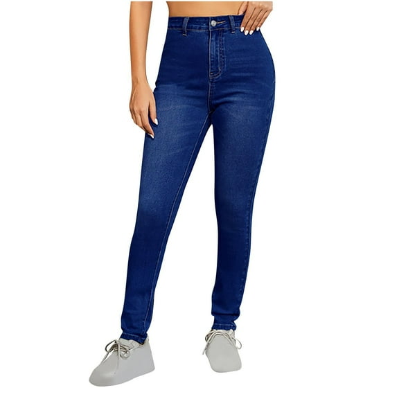 YYUIJK Women's Ladies High Waisted Denim Jeans Skinny Fit Casual Cotton Trousers Pants with Pockets Dark Blue L