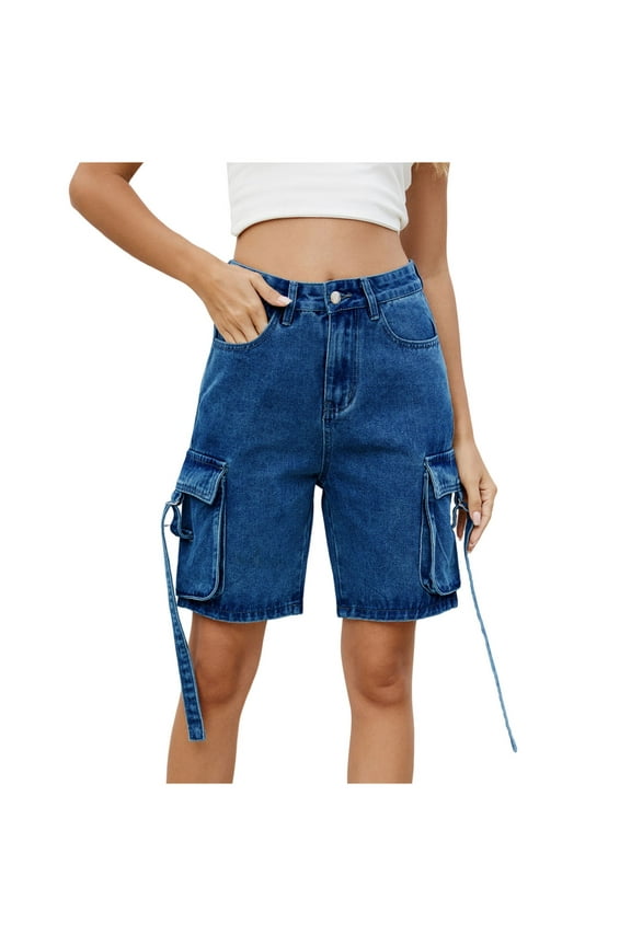 Women's Ladies Knee Length Denim Stretchy Bermuda Shorts Contrast Turn Up Cropped Jean Shorts Denim Capri Pants Rolled-Up Hem Casual Summer Classic Cotton Pants with Pockets Dark Blue XXL