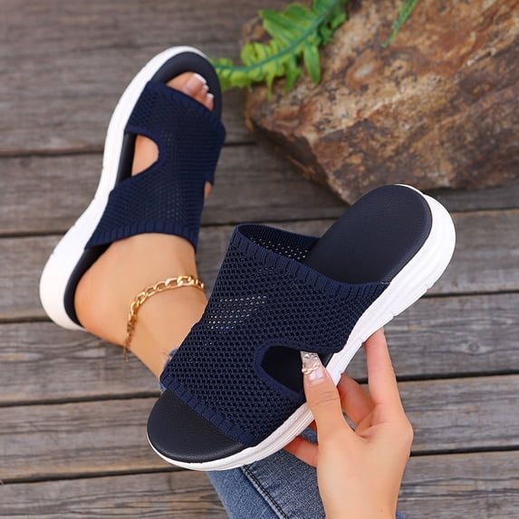 YYUIJK Women's Mesh Flats Sandals Slip On Walk Shoes for Women Comfortable Walking Sneakers Knit Low Wedge Dressy Ballet Shoes Dark Blue 6