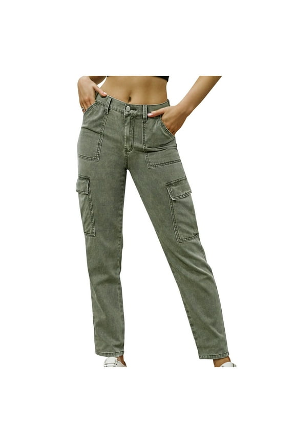 Women's Mid-Rise Skinny Jean Denim Jeans Skinny Fit Casual Cotton Trousers Pants with Pockets Green L