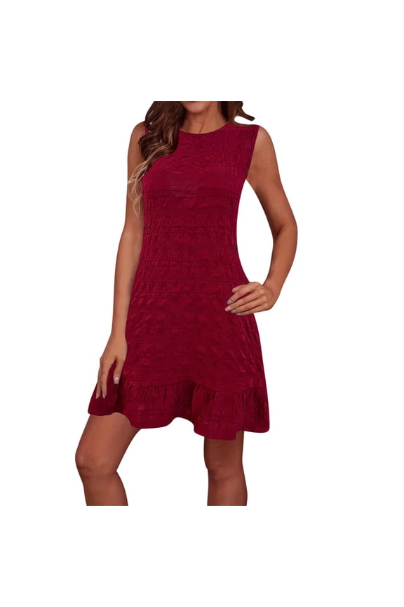 Women's Summer Sleeveless Mini Dress Crew Neck Shift Casual Short Dresses Red XXL