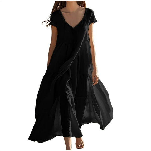 YYUIJK Womens Summer Dress Cotton Linen Ruffle Sleeve V Neck Midi Dresses Fashion Casual Fit Flowy Tiered Boho Beach Vacation Sundress Black L