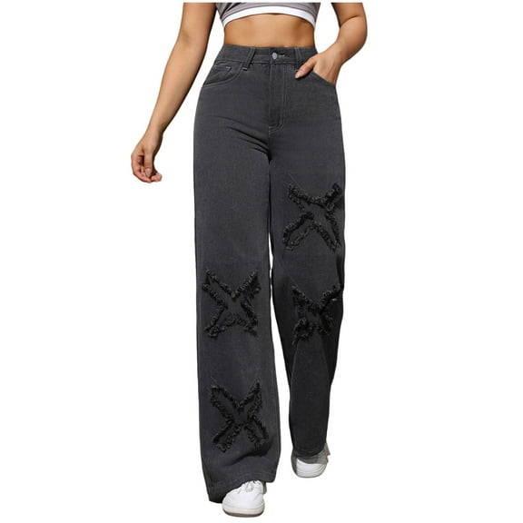 YYUIJK Y2k Cargo Jeans Women Multi Pocket Baggy Denim Pants Vintage Flap Pocket Trousers Straight Wide Leg Jeans Dark Gray XS