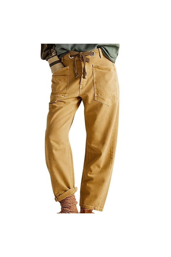 Y2k Cargo Jeans Women Multi Pocket Baggy Denim Pants Vintage Flap Pocket Trousers Straight Wide Leg Jeans Yellow L