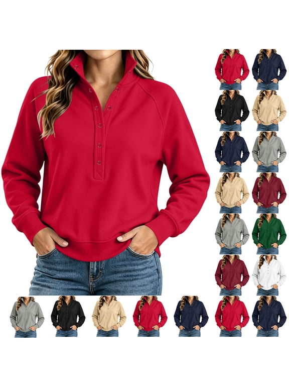 Quarter Button Henley Sweatshirts for Women Casual Stand Collar Long Raglan Sleeve Tops Trendy Solid Color Daily Pullover L