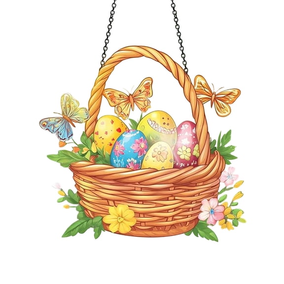 YYUZH Easter Egg Basket Sunshade Hanging Ornament - 20cm Stained Glass Style Decoration for Windows, Festive Spring Decor with Chain, Colorful Reflective Design