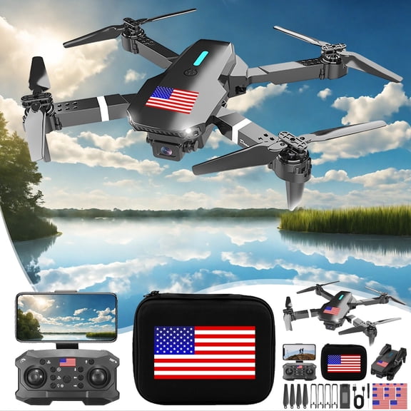 YYUZH Foldable Drone with 1080P FPV Camera, WiFi Remote Control, Altitude Hold Headless Mode Trajectory Flight, American Flag Design for Independence Day 4th of July, Black Color
