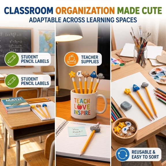 YYV 30-Piece Numbered Pencil Caps, Reusable Classroom Pencil Tags, Teacher Tracking Markers for School Stationery, Colorful Assorted Numbers