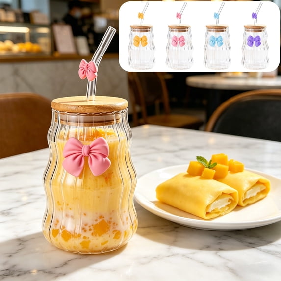 YYV 450ML Clear Vertical Ribbed Glass Cup With Bow Accent Lid And Glass Straw Stylish Iced Coffee Smoothie Tumbler Portable Drink Mug Indoor Outdoor Daily Use