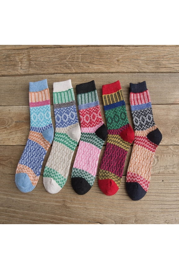 5 Pairs Color Block Rabbit Wool Blend Mid Calf Socks For Women, Extra Thick Warm Fall Winter Thermal Hosiery, Soft Versatile Foot Cover For Cold Weather Indoor Outdoor Casual Daily Wear