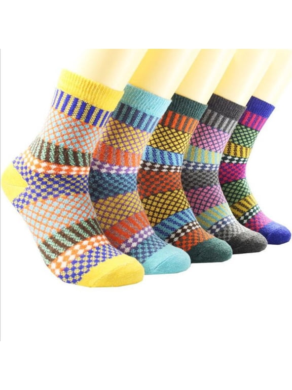 5 Pairs Color Block Rabbit Wool Blend Mid Calf Thermal Socks For Women, Thick Insulated Fall Winter Hosiery, Soft Comfort Foot Cover For Bedroom Outdoor Cold Weather Casual Daily Wear
