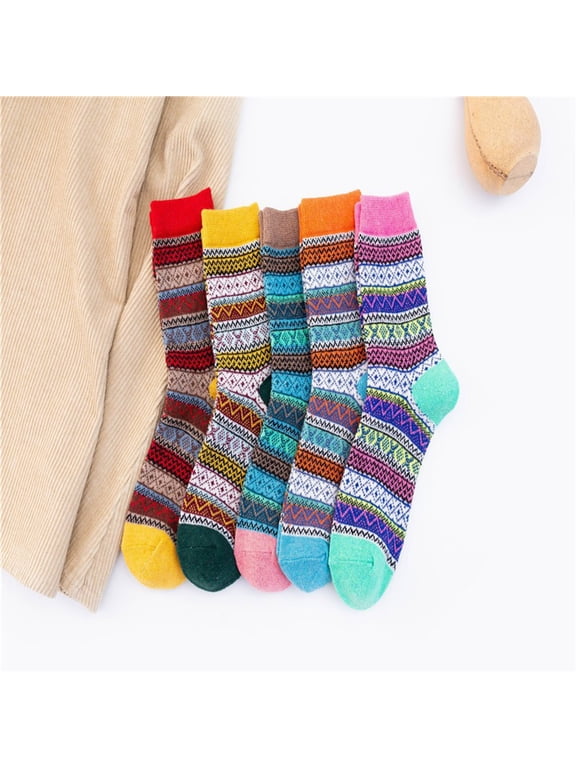 5 Pairs Thick Color Block Rabbit Wool Mid Calf Socks For Women, Warm Fall Winter Breathable Thermal Hosiery, Comfort Insulated Foot Stockings For Bedroom Dorm Cold Weather Daily Rest