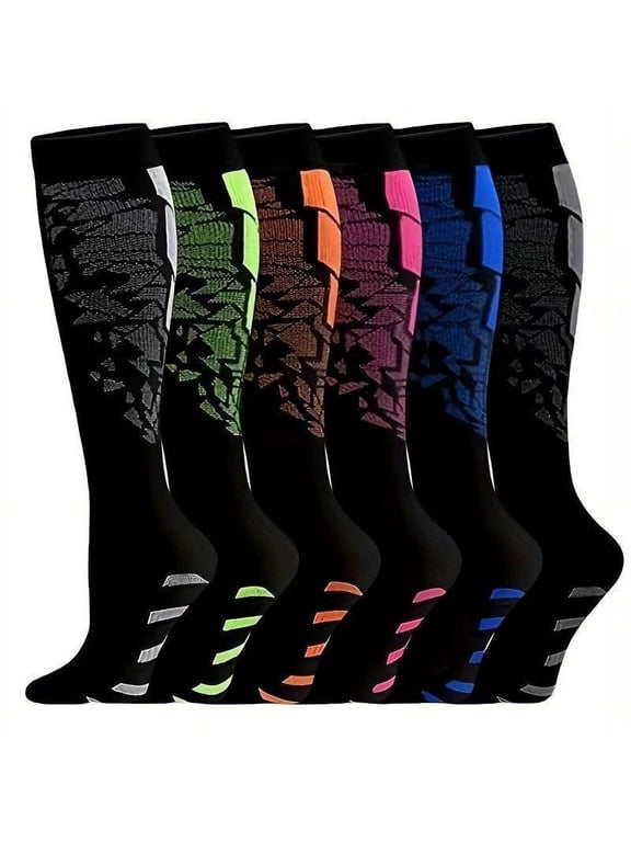 6 Pairs Printed Long Calf Thermal Compression Socks For Adults, Warm Winter Sports Home Hosiery, Stretch Pressure Relief Stockings For Cold Weather Travel Workout Daily Styling