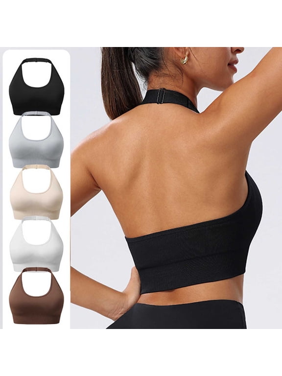 Adjustable Strap Halter-Style Hanging-Neck Sports Bra Solid Color Removable Pads Adjustable Straps Breathable Hollow Back Beautiful-Back Design Anti-Slip Quick-Dry Fabric For Yoga Running Gym