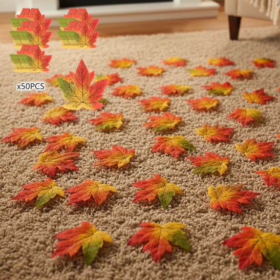 YYV Artificial Maple Leaves 50 Pcs Fall Fake Leaves Realistic Autumn Foliage for Thanksgiving Decor Halloween Party Wedding Harvest Season Table Home Decoration