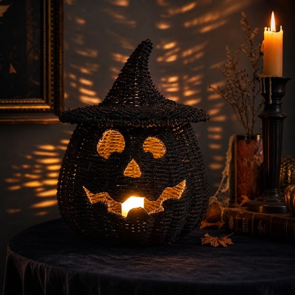 YYV Black Wicker Pumpkin Basket with Lid, Handmade Halloween Tabletop Ornament, Decorative Storage Container for Candy or Small Treasures