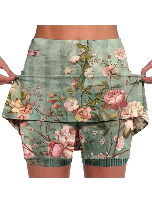 Blossom Floral Mid Rise Skort For Women, Elastic Stretch Built-In Liner Casual Sports Skort, Lightweight Pocket Base Layer Shorts For Running Yoga Summer Daily Casual Activities Multicolor M
