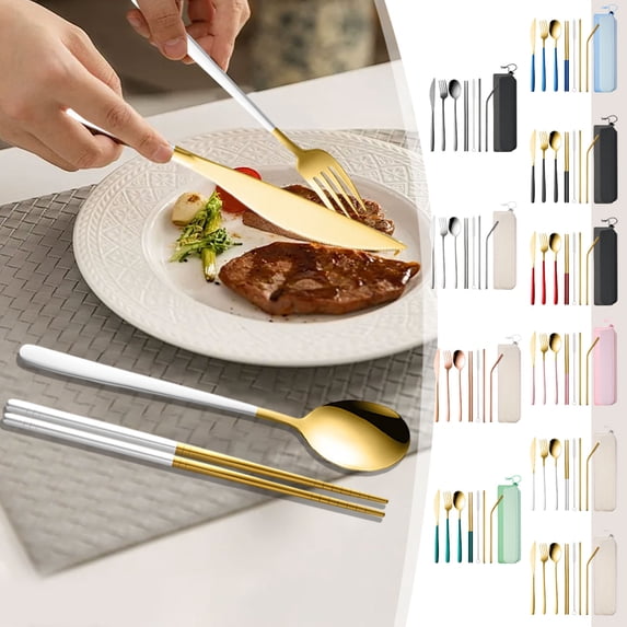 YYV Gifts 7-Piece Stainless Steel Portable Cutlery Set with Storage Case, Chopsticks, Spoon, Knife, Fork, Straws, Brush, Outdoor Camping, Travel Essentials