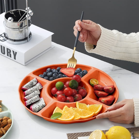 YYV Gifts Five-Part Round Compartment Candy Snack Tray, Dried Fruit Dish, Wheat Straw, 9.1x1 in., Multi-Section Plate, Home Entertaining