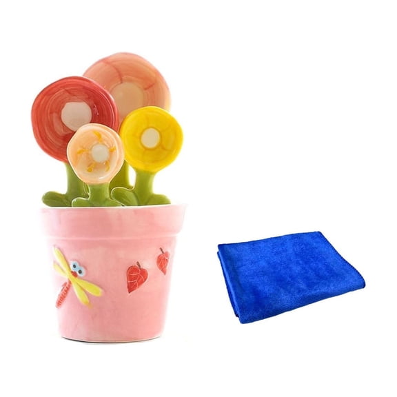 YYV Gifts Flower Shaped Ceramic Measuring Spoon Gift Set Complete Baking Tool Kit With Storage Base Four Pattern Spoons And Cleaning Towel For Home Pastry Cooking Holiday Present