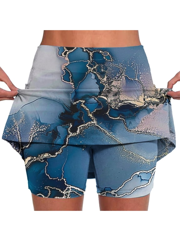 Gifts Marble Print Mid Rise Skort For Women, Elastic Stretch Built-In Short Liner Sports Casual Skort, Breathable Pocket Base Layer Shorts For Daily Summer Street Athletic Outfits Multicolor S