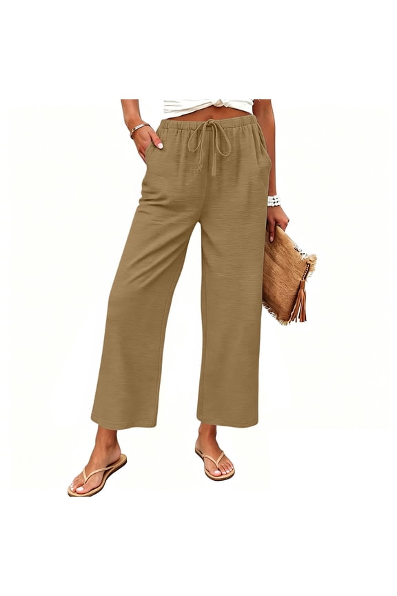 Gifts Womens Summer Outfits Women Spring Summer Casual Straight Leg Pants Solid Color Elastic Waist Notebook Flat Front Drawstring UK 365 Days Light Source Khaki M